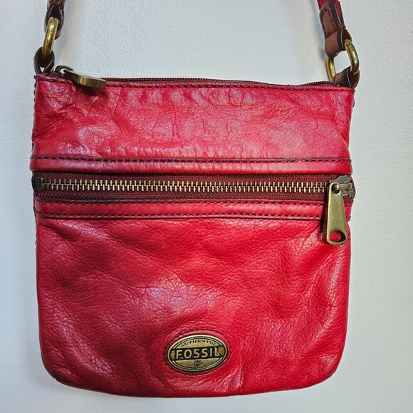 Fossil Explorerer Mini Crossbody Bag Red Leather Small Shoulder Purse Gold - Picture 2 of 9